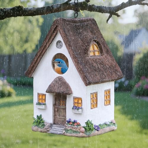Bird Houses for Outside Rustic Cottage Birdhouse with Thatch Roof – Hand-Painted Resin Birdhouses for Outdoors for Bluebird Finches Cardinals Bird Nesting Garden, Patio, Yard