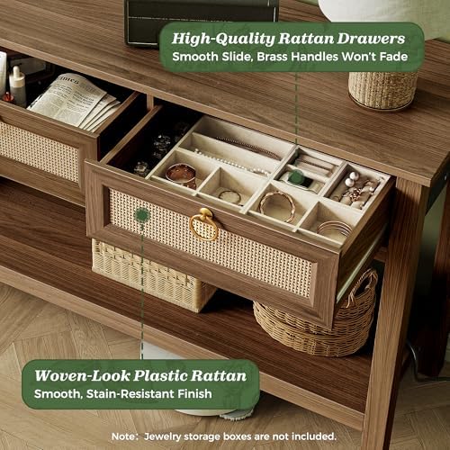 SUPERJARE Rattan Console Sofa Table with Outlets, USB-C Port and 3 Drawers