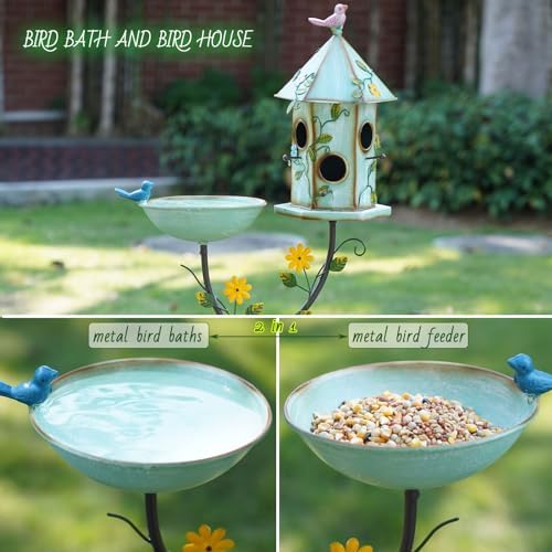 Bird Baths and Bird House with Pole,birdhouses for Outdoors，Metal Bird Bath