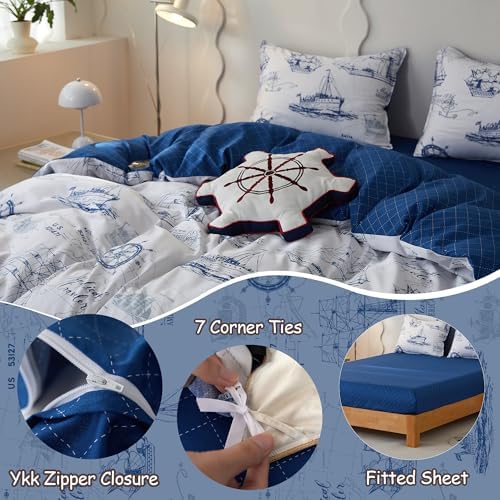 Simple&Opulence 100% Organic Cotton Duvet Cover for Kids Teens, 4 Pieces Soft Cartoon Comforter Cover with Zipper Closure, Boys Bedding Set - Sailboat,Full/Queen