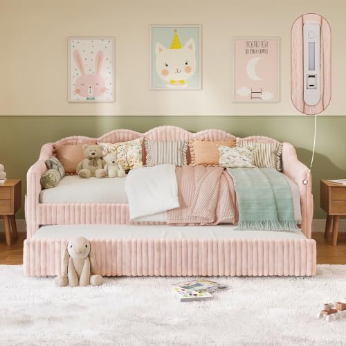 Twin Size Faux Fur Upholstered Daybed with Trundle, Side Pockets, Beige