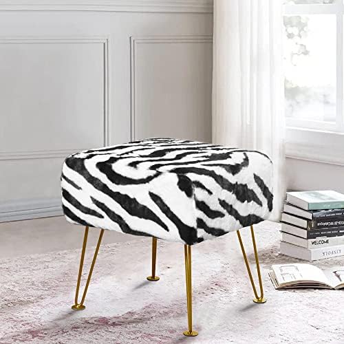 Zebra-Print Square Faux Fur Ottoman 17"x17"x17" Soft Fuzzy Entryway Bench Seat Sturdy Accent Coffee Table for Living Room Makeup Vanity Stool with Golden Legs for Bedroom Closet Foot Rest