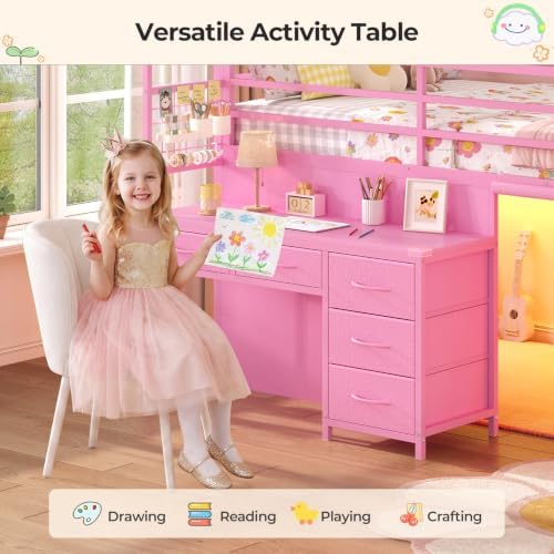 Low Loft Bed Twin Size with Desk, 12 Storage Drawers, Window, Pink