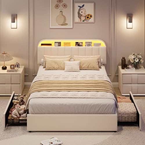 GarveeHome Queen Bed Frame, Platform Bed with Storage Headboard & Drawers
