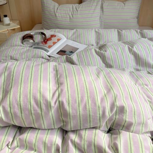 AOJIM Striped Duvet Cover Queen 100% Washed Cotton 3-Piece Vintage Bedding
