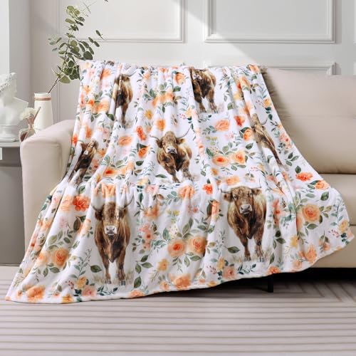 Highland Cow Blanket Watercolor Flower Throw Blanket Fall Farmhouse Plush Throw Blankets Rustic Cow Fleece Blankets Ultra Soft Cozy Blankets for Couch Bed Sofa 60 x 80 Inch