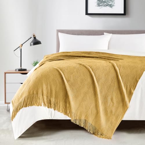 BOURINA Mustard Throw Blanket 50x60 Inches Throw Textured Solid Soft Ripple Throws and Blankets for Sofa or Bed Knitted Decorative Throw