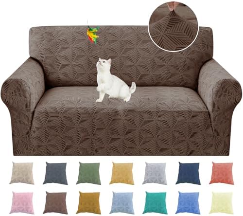 YEMYHOM 1 Piece Stretch Couch Covers for 2 Cushion Couch, Jacquard Loveseat Cover with Non-Slip Elastic Bottom, Thickened Slipcover Furniture Protector for Dogs Pets (Medium, Brown）