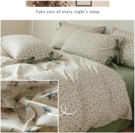 mixinni Country Style Duvet Cover Queen Size - Cottagecore Green Floral Vintage Bedding 3PC with Bow Ties Pillowcases, 100% Cotton Soft Aesthetic Boho Comforter Cover for Girls-Queen Size