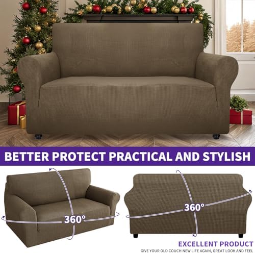 ZNSAYOTX Super Stretch Couch Cover Love Seat Sofa Covers for Living Room Dogs Pet Friendly Furniture Protector Spandex Loveseat Slipcovers with Anti Slip Foam Sticks (Brown, Loveseat)