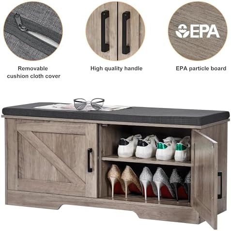 HOMSHO Farmhouse Shoe Storage Bench with 2 Barn Doors & Padded Seat Cushion