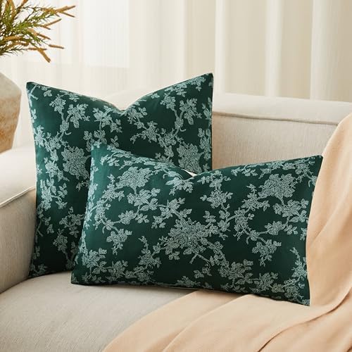 100% Cotton French Pastoral Throw Pillow Covers Set of 2, 12x20 Inch Background/Green Farmhouse Decorative Cushion Covers for Sofa Bed Living Room Home Decor