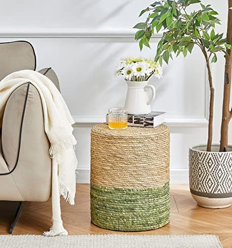 14" Boho Pouf Patio Ottomans Natural Straw Handweave Rustic Round Footstool