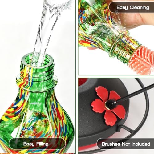 Hand Blown Glass Hummingbird Feeders for Outdoors Hanging, 24oz Wild Bird Nectar Feeder with Ant Moat and Perch, Bee-Resistant Ports, Garden Decor, Gifts for Women Mom, 1 Pack, Green Phoenix
