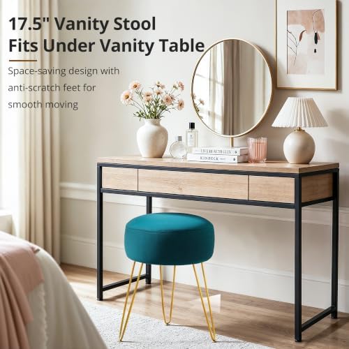 LUE BONA Vanity Stool, Teal Vanity Stools for Makeup Room, Round Ottoman Foot Stool, Velvet Footrest Vanity Chair for Bathroom Vanity, Bedroom, Living Room, Entryway, Offices, 300lbs