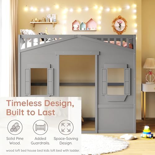 Bellemave Full Size Loft Bed with Play House Shape, Loft Bed Frame with Windows, Entertainment Space and Ladders for Kids, Boys, Girls and Teens, No Spring Needed (Gray)