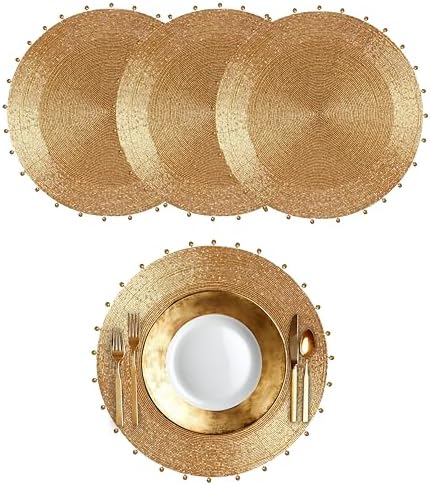 COTTON CRAFT Glitz Handmade Beaded Charger Placemats- Set of 4 - Gold Bells