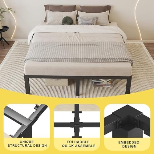 18 Inch Full Size Bed Frame with Wood Slats & 4 Mattress Baffles