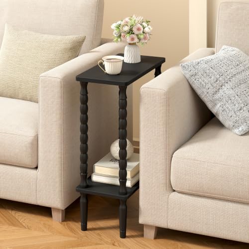 TUTOTAK Narrow Side Table with Solid Wood Legs, 2-Tier Small End Table