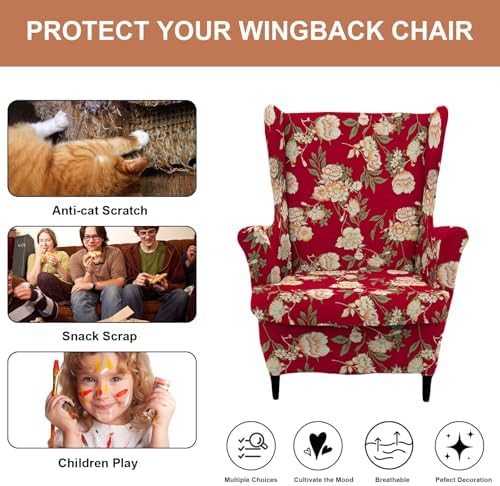 HAOYONG 2 Piece Wingback Chair Covers Stretch Wing Chair Slipcover Printed Wing Back Chair Covers with Arms Washable Spandex Fabric Armchair Cover Protection Furniture for Living Room and Bedroom
