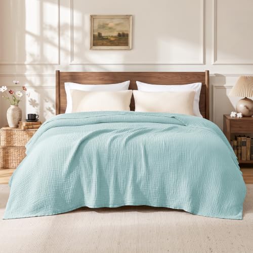 Love's cabin 100% Cotton Muslin Blanket King Size for Bed, Cyan