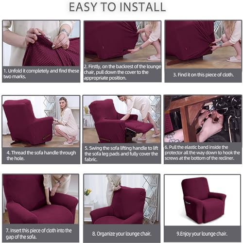 KEKUOU Recliner Chair Covers, 1-Piece Lazy Boy Recliner Covers, Wine