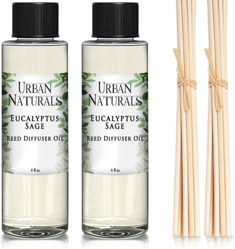 Urban Naturals Eucalyptus & Sage Oil Reed Diffuser Refill and Reed Sticks | Eucalyptus, Sage, Mint, Lime and Cedarwood, 4 oz (2 Pack)