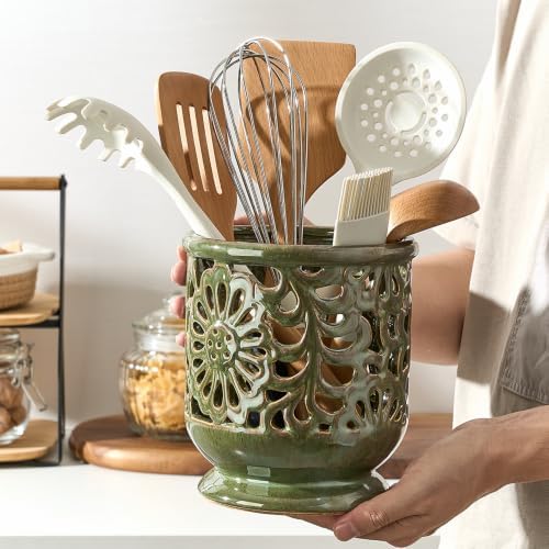 6.8" Ceramic Kitchen Utensil Holder, Utensil Crock, Green