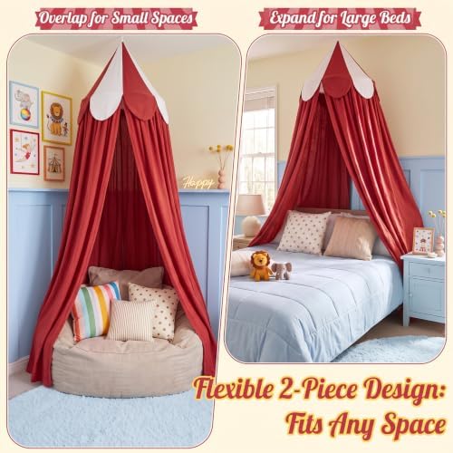 Bed Canopy with Scalloped Edge, 2 Panel Striped, Red