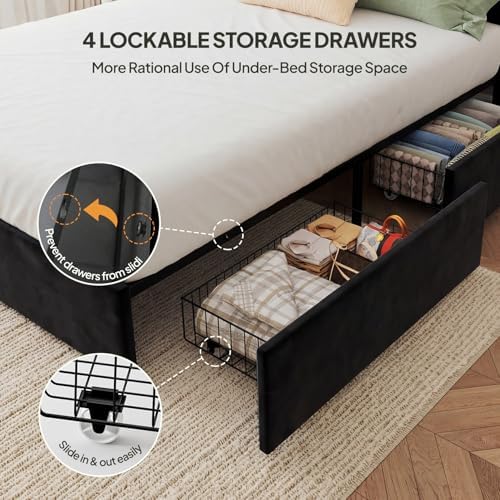 Welzona Queen Size Upholstered Bed Frame with Headboard & 4 Drawers, Black