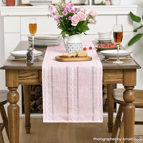 Artoid Mode Pink Rustic Cotton Linen Table Runner 13x60 Inch
