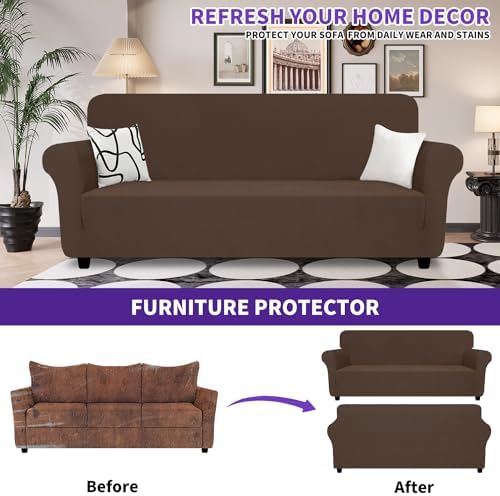 ZNSAYOTX Oversized Super Stretch Couch Cover (92"-115"), New Striped Sofa Covers Comfortable & Durable, Dog Cat Pets Friendly Extra Large Spandex Sofa Slipcovers (Coffee, XL Sofa)