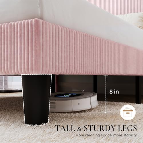 SHA CERLIN King Corduroy Platform Bed with Tufted Wingback Headboard, Pink