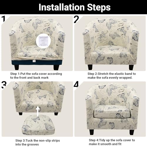Club Chair Slipcover, 2 Pack Thick Beige/Blue Round Soft Armchair Sofa Cover, Stretch Barrel Chair Slipcovers Removable Couch Furniture Protector for Bar Living Room Bedroom Hotel Counter