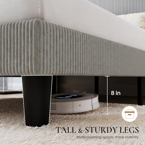 SHA CERLIN King Corduroy Platform Bed with Tufted Wingback Headboard, Grey