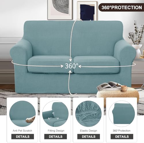 U-NICE HOME 3 Pieces Stretch Loveseat Couch Cover, Light Blue