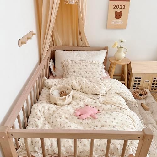 Muslin Cotton Toddler Duvet Cover Soft Double Layers Gauze Bedding Duvet Covers for Toddler Girls Kids Quilt Cover, 47"x59", Azalea Print (No Pillow Cases)