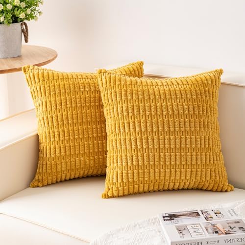 Pack of 2 Corduroy Decorative Throw Pillow Covers 24x24 Inch, Yellow