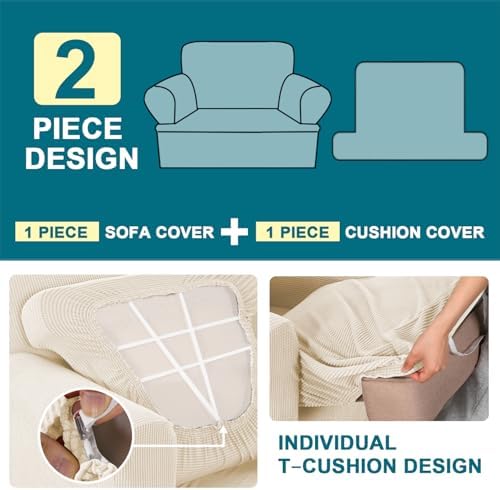 Turquoize T Cushion Chair Slipcover Armchair Slipcover for Living Room Stretch Sofa Couch Cover Soft Armchair Cover Washable Furniture Covers with Individual T Cushion Seat Covers (Chair, Cream)
