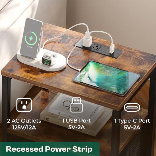 Huuger Nightstand with Charging Station, Side Table with Fabric Drawers