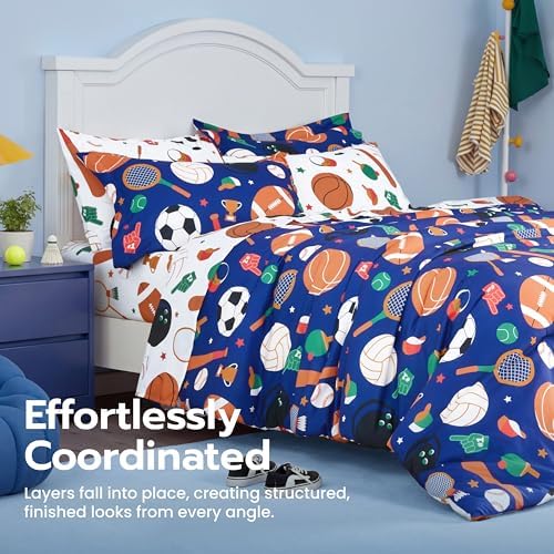 Joiedomi Kids Comforter Set Bedding Set for Boys Girls Super Soft Microfiber Bed in a Bag with Comforter Sheets Pillowcase Sham, Blue Ball Sports, Full
