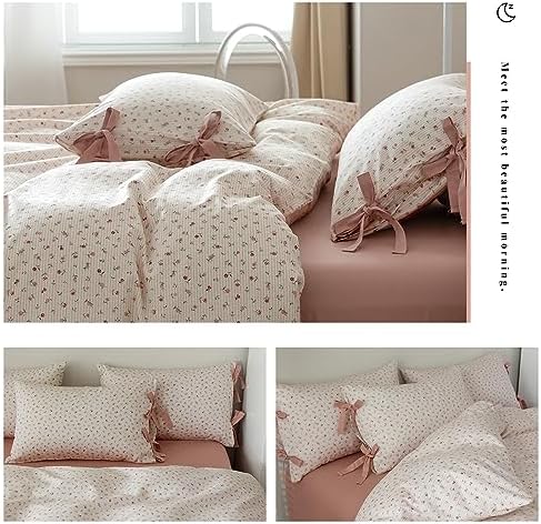 Floral Print Duvet Cover Full Size Cottage Pink Striped Bedding Set 3pcs