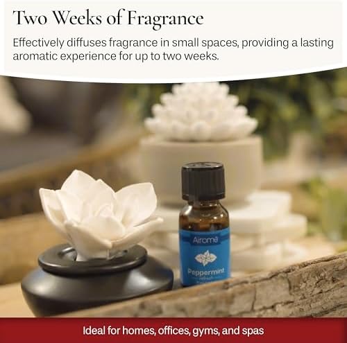 Airomé White Flower, Porcelain Passive Essential Oil Diffuser (with 15ml Peppermint Essential Oil) – Non-Electric, Battery-Free, Improves Sleep, and Relieves Stress