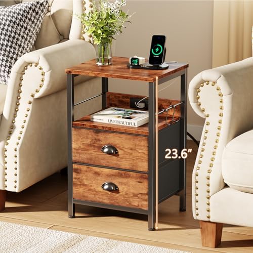 Furologee Nightstand with Charging Station for Dorm, 2 Fabric Drawers