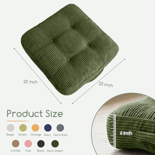 HIGOGOGO 6" Extra Thick Floor Pillow Cushion for Adults, Meditation Cushion Pillow, Large Square Floor Sitting, Tufted Corduroy Cover, for Tatami Living Room or Yoga, 22x22 Inch, 2Pack, Dark Green