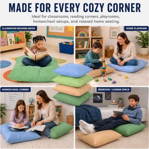 CroBlissful 4 Pcs Extra Large Floor Pillows Kids Classroom, Muted Colors