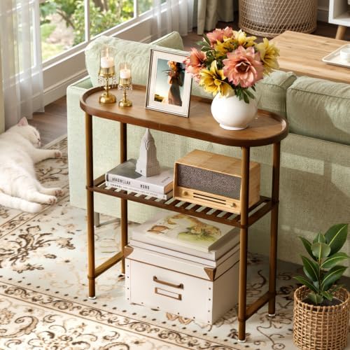 Small Entryway Table Bamboo 30.7", Narrow Hallway Table 2-tier, Slim Console Table with Anti-fall Edge, Sofa Side Table 5min Easy Assembly, Small TV Stand for Bedroom, Indoor Plant Stand, Dark Walnut