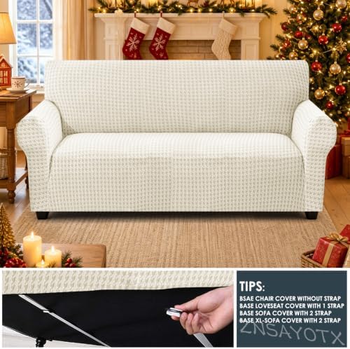 ZNSAYOTX 1 Piece Stretch Couch Cover (72"-90") New-Houndstooth Texture, Thick Sofa Covers for 3 Cushion Couch Universal Sofa Slip Cover with Elastic Bottom & Buckle, Washable Protector Beige