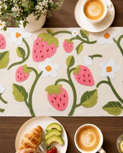 Canvas Embroidered Narrow 13"x 36" Table Runner, Pink Strawberry