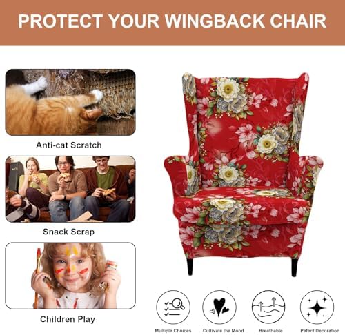 HAOYONG 2 Piece Wingback Chair Covers Stretch Wing Chair Slipcover Printed Wing Back Chair Covers with Arms Washable Spandex Fabric Armchair Cover Protection Furniture for Living Room and Bedroom